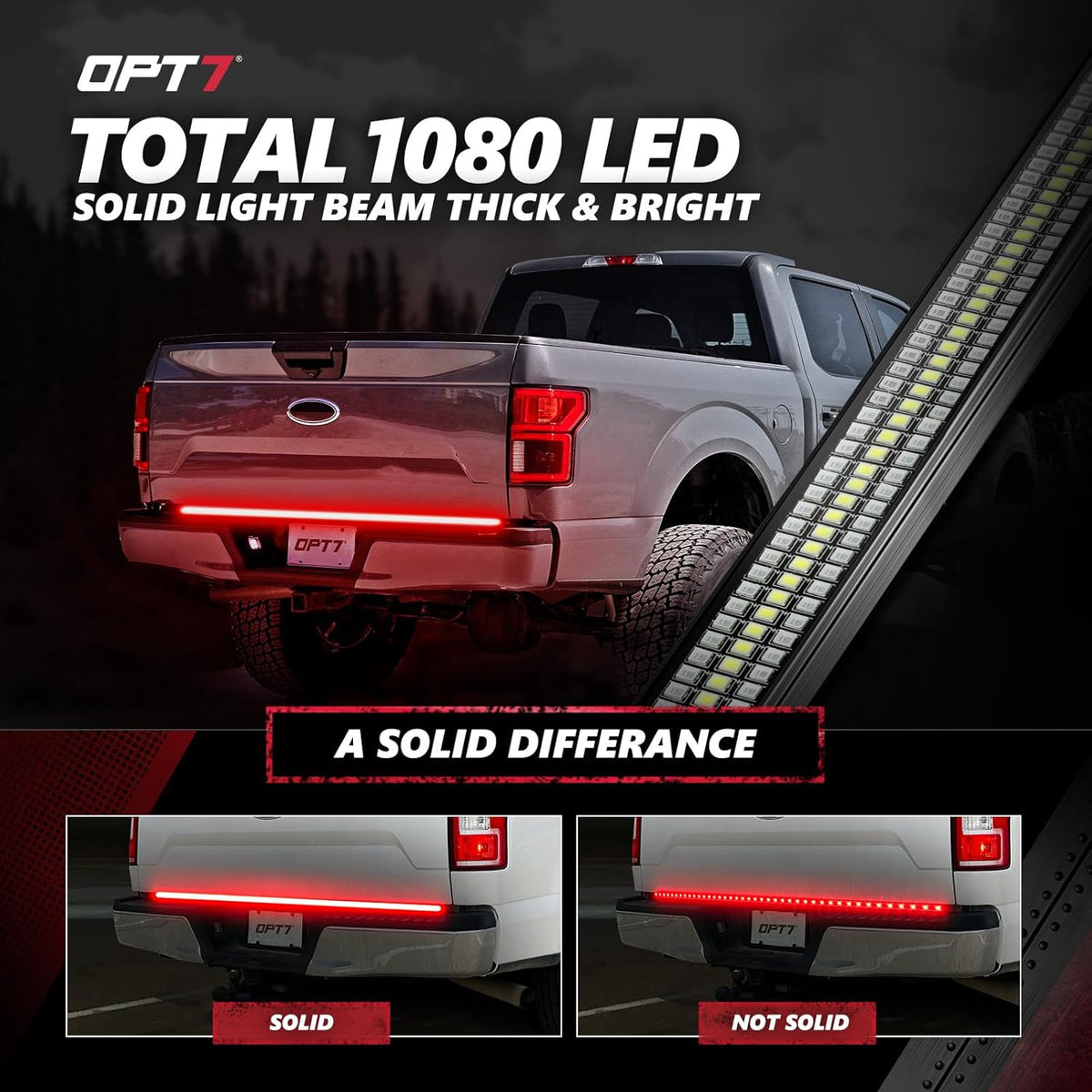 OPT7 60" Redline Triple Row LED Tailgate Light Bar w/Sequential RED Turn Signal - Weatherproof Rigid Aluminum Frame Light Strip for F150 RAM Silverado Sierra - Full Functions Reverse Brake Running