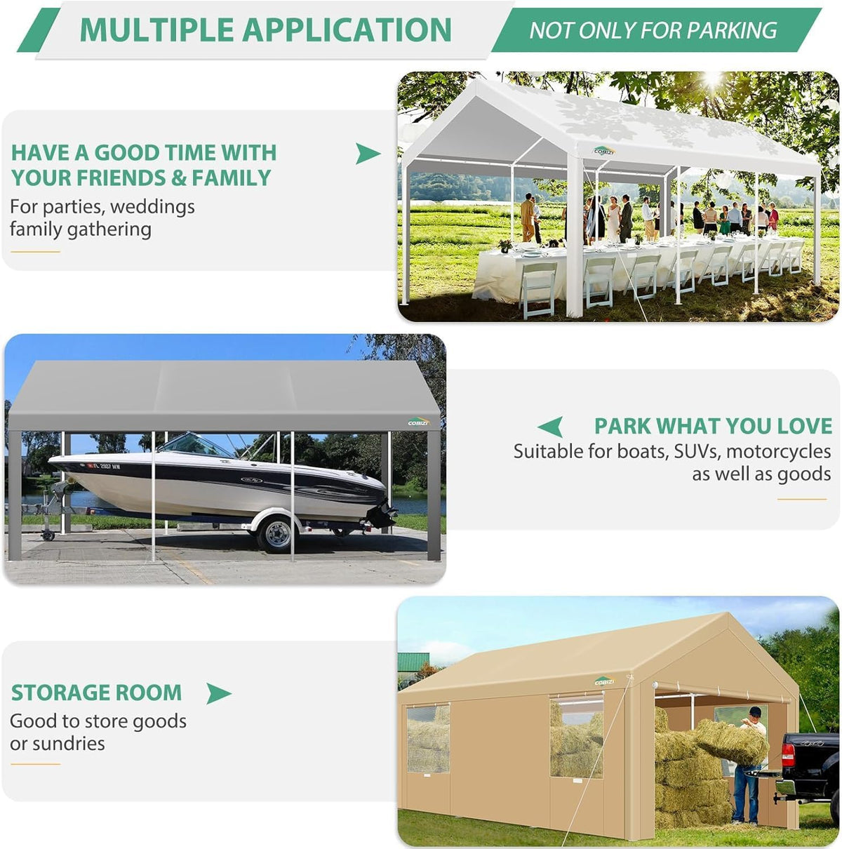 COBIZI Carport 10x20ft Heavy Duty Portable Garage, 2.0 Powder Coated Frame(Better Than Galvanized), Waterproof Shelter with Removable Sidewalls & Windows, Built-in Sandbags, for Car/Boat/SUV, Khaki
