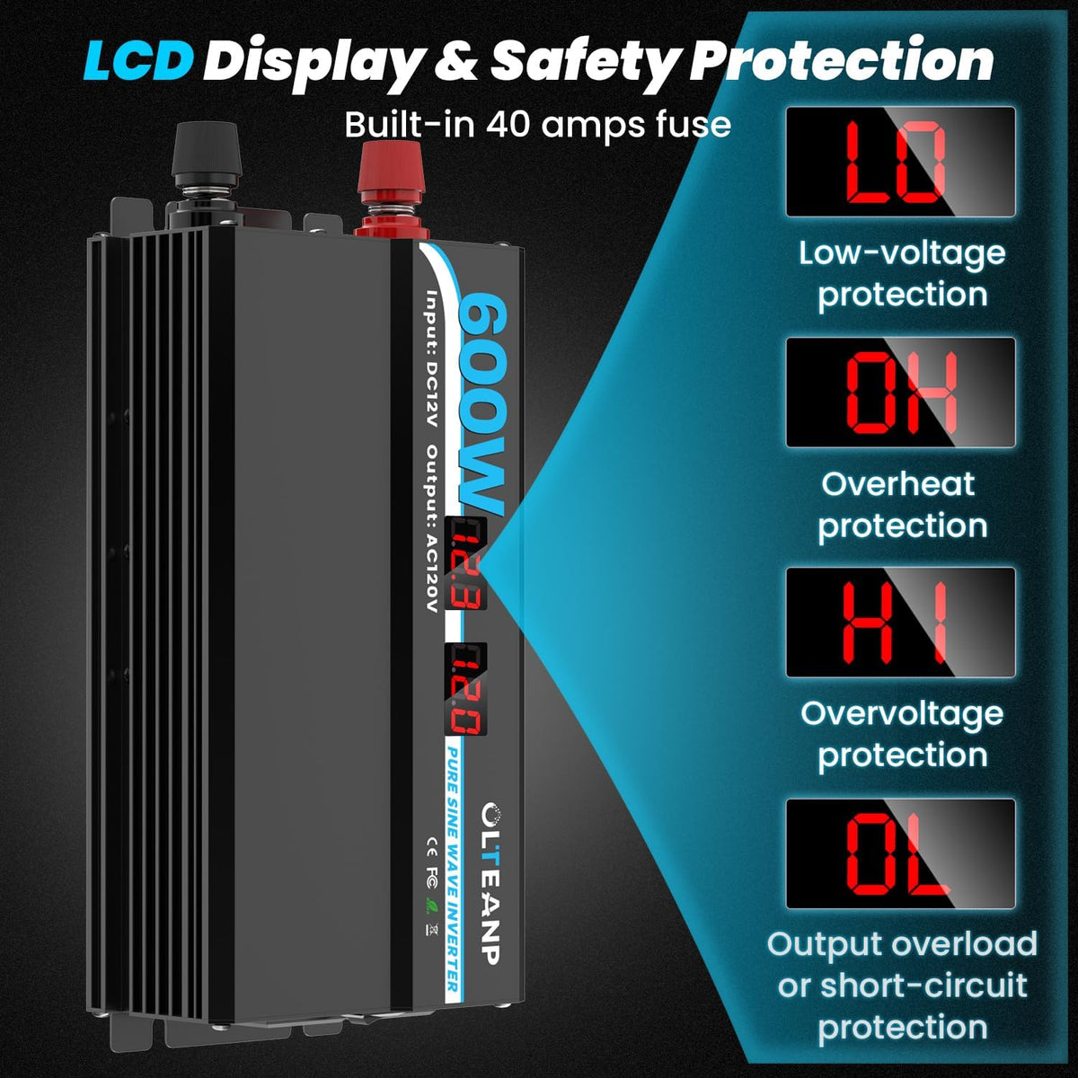 600W Power Inverter Pure Sine Wave Inverter 12V DC to 120V AC Converter for Car, Truck, Home, Vehicles, Laptop, Car Inverter 12V to 110V with 2 AC Outlets, 2 USB Ports, LCD Display