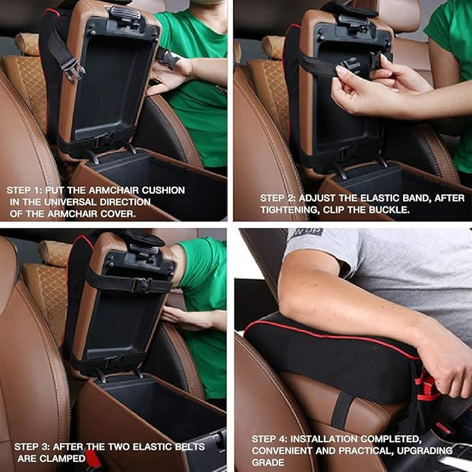 Auto Center Console Armrest Pillow Pad, Car Armrest Cushion Soft Memory Foam with Phone Holder Storage, Pockets Bag Seat Cushion Universal Fit for Most Car (Black & Red)