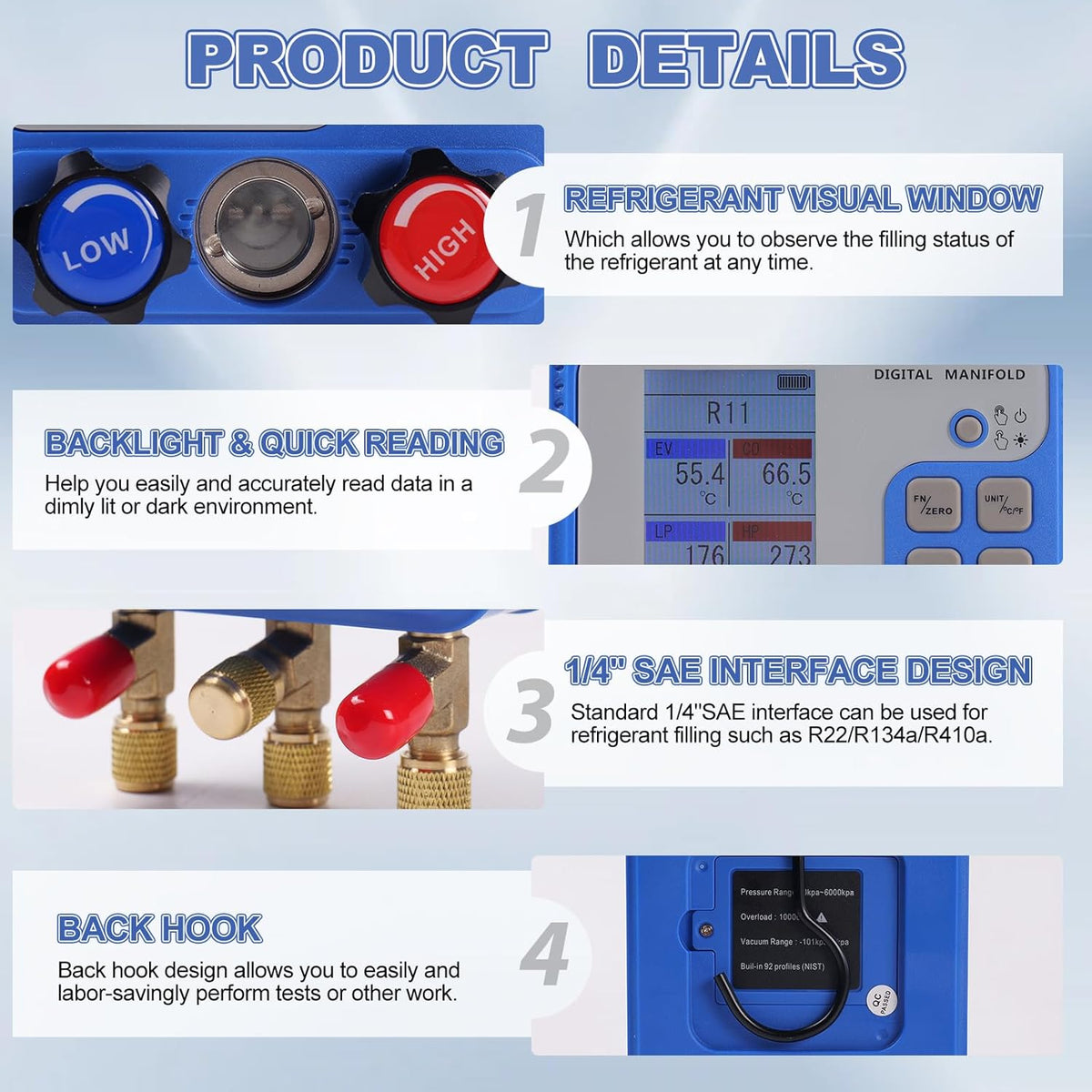 Digital Manifold Gauge Set, HVAC Pressure and Air Tightness Test Gauges, Refrigerant AC Gauges with 3 Hoses, for R22/R410A/R134A Refrigerant Recharge Kit
