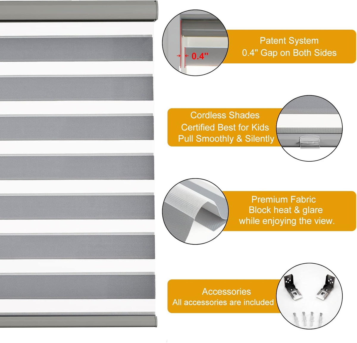 Persilux Cordless Zebra Blinds for Windows (33" W X72 H, Grey) Free-Stop Roller Windows Shades Dual Layer Light Control for Day and Night, Light Filtering Sheer Shades for Home, Easy to Install