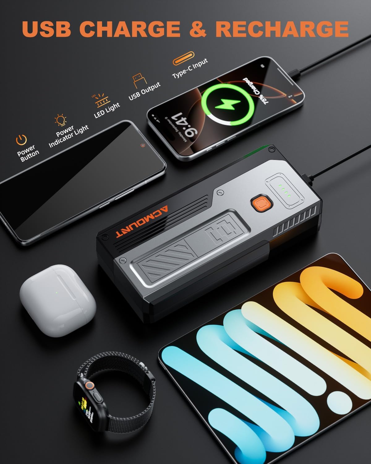 Car Jump Starter 4000A,Portable Car Battery Jump Starter for Up to 8L Gas & 6.5L Diesel Engines, 12V Jump Starter Power Pack with 3 Modes LED Light, USB Quick Charge