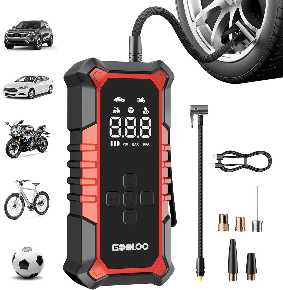 GOOLOO A6 Gear Tire Inflator Portable Air Compressor, 160 PSI Cordless Tire Inflator with Digital Pressure Gauge ＆LED Light, Air Pump for Car Tires, Bike, Motorcycle, Balls