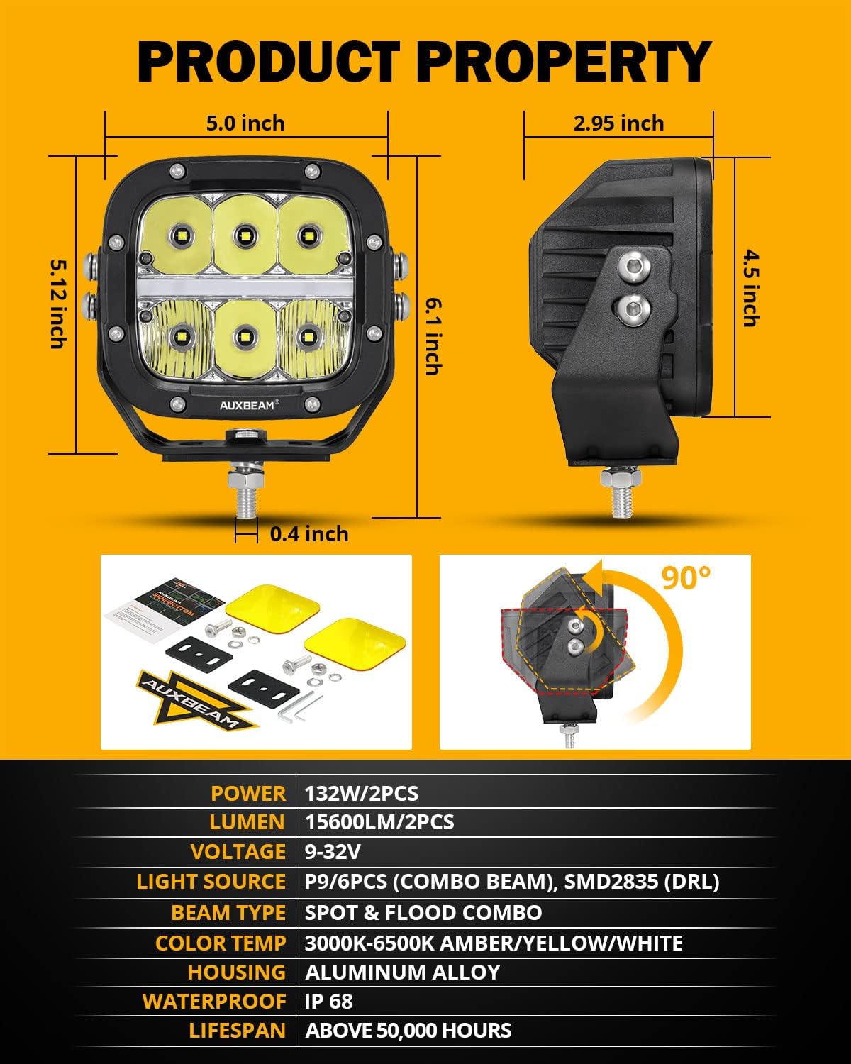 Auxbeam 5" LED Offroad Light with Amber DRL, XP-Ultra Series 132W 15600LM Super Bright Square LED Pod & Amber Pod Light Cover, Spot Flood Combo Fog Light Bar for Off-Road Vehicles, 2 Years Warranty