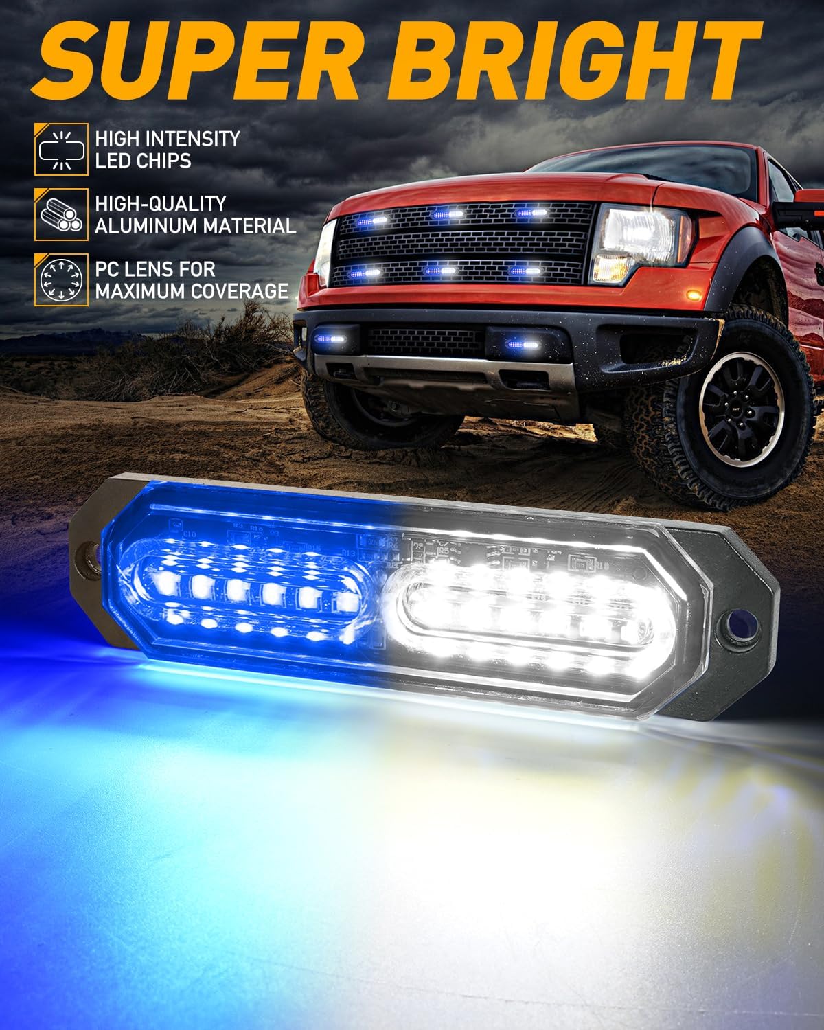 HLauto 1200T Emergency Strobe Grille Lights: 8pcs 12 LED Sync Feature Safety Warning Flashing Lights, Ultra Slim Surface Mount Hazard Caution Lights for Trucks, Vehicles, Car, ATV, UTV (Blue White)