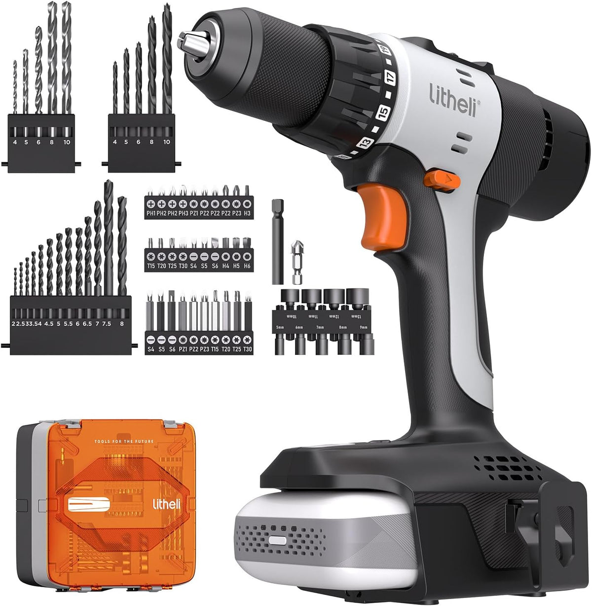 Litheli 20V Cordless Drill Driver Set, Electric Power Drill with 2 Variable Speed Settings, 1/2 Inch Keyless Chuck, 21+1 Clutch Settings with Maximum Torque of 443 In-lbs (Charger not Included)
