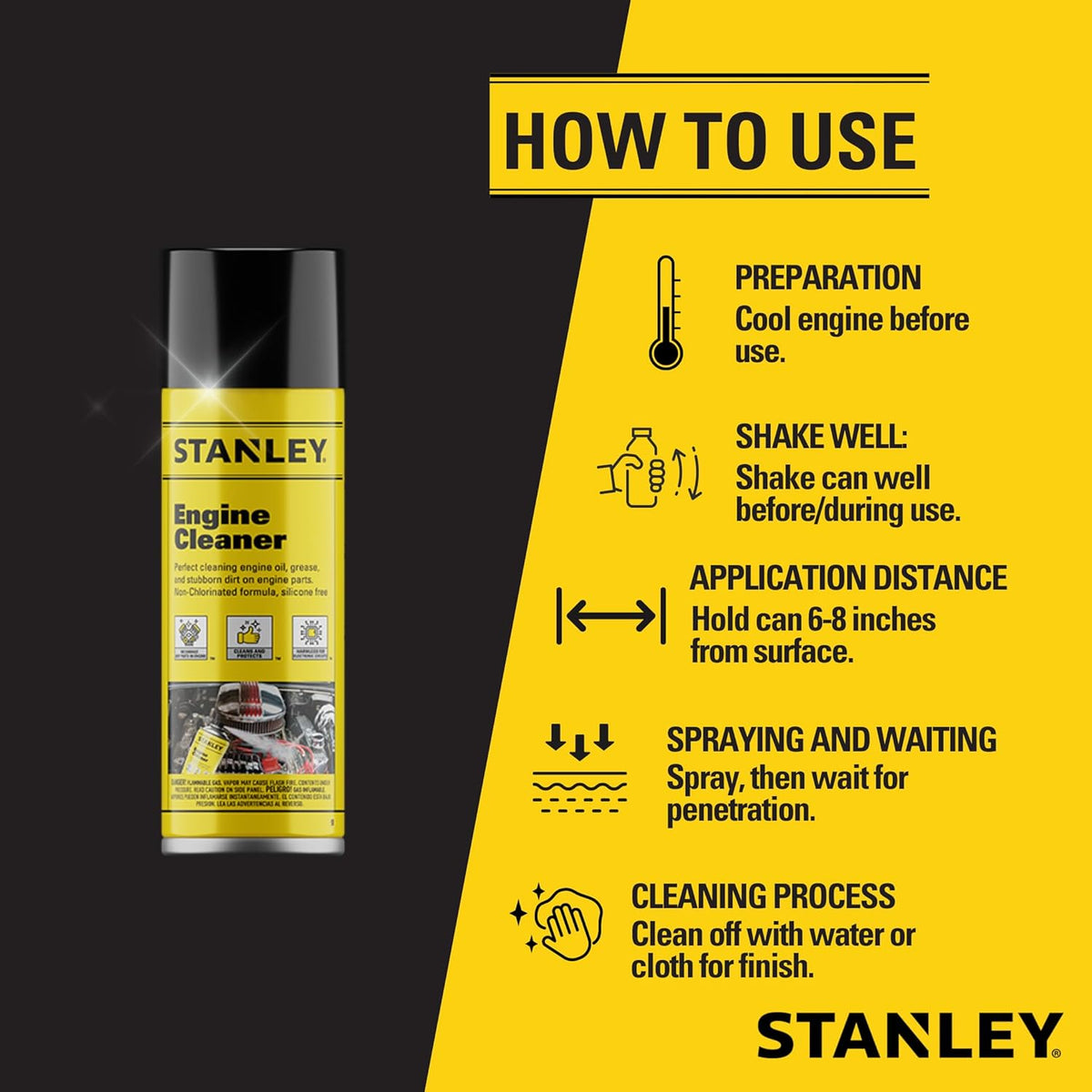 STANLEY AP 92 Engine Cleaner Spray - 12x12 Fl. oz., Automotive Degreaser Spray,Use for Tight Spaces, Non-corrosive - 1 Pack