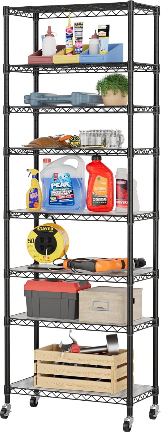 SINGAYE 8 Garage Heavy Duty Shelving Unit Kitchen Pantry Close Home Organizers and Storage Bathroom Shelf Laundry Room Organization Industrial Book Metal Wire Adjustable Shelves