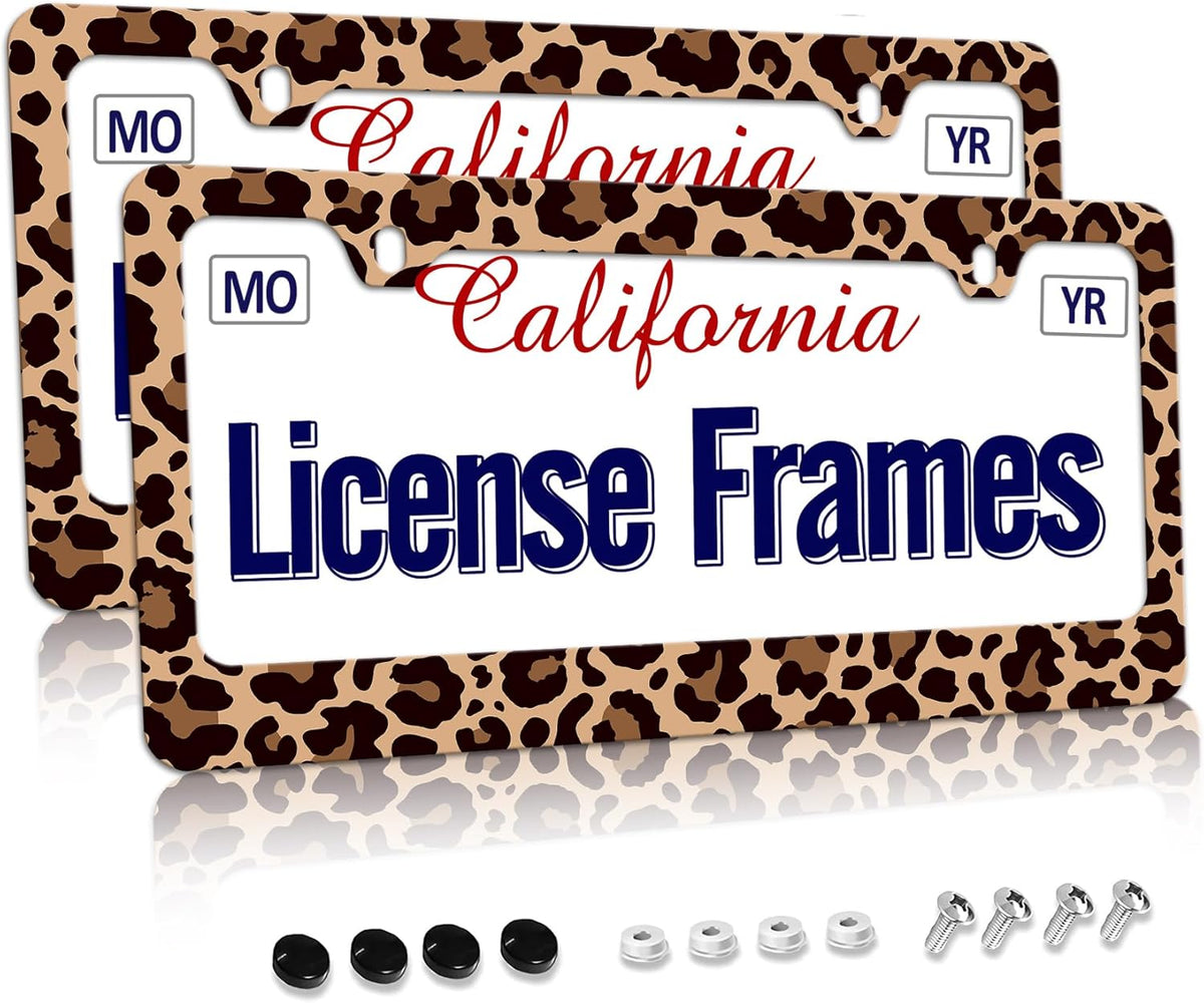 Stainless Steel Brown Cheetah License Plate Holder Leopard Print License Plate Frame Cheetah Leopard Car License Plate Covers tag Frame for Women 12.3" X 6.3"