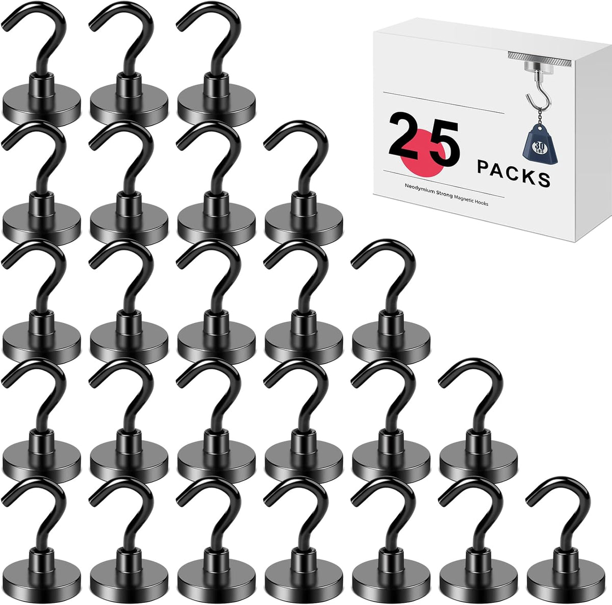 LOVIMAG Magnetic Hooks for Cruise Cabins, 40lbs Black Magnetic Hooks for Classroom, Strong Magnets with Hooks for Hanging, Neodymium Magnet Hooks for Fridge, Ceiling, Locker, Camper, Travel-25 Pcs
