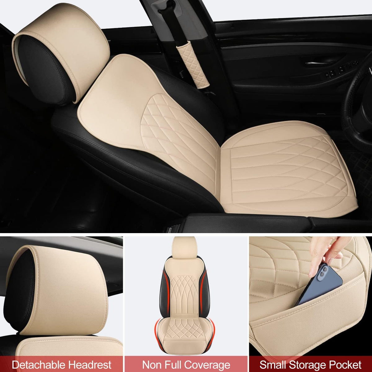 2 Pack Leather Front Car Seat Covers, Universal Sideless Car Seat Protectors with Storage Pocket and Seat Belt Pads, Waterproof Automotive Seat Cover for Cars Trucks SUV(Beige)