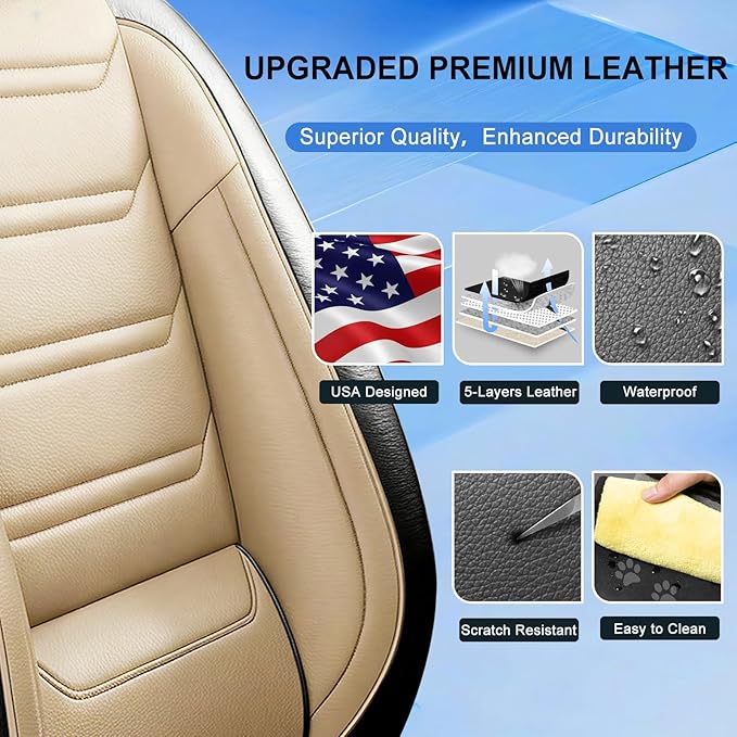 Fit Tahoe Car Seat Covers for Select Chevrolet/Chevy Tahoe 2000-2025 2026 - Full Coverage Leather, Waterproof & All Weather Seat Cushion Protector, Front Pair Black+Beige