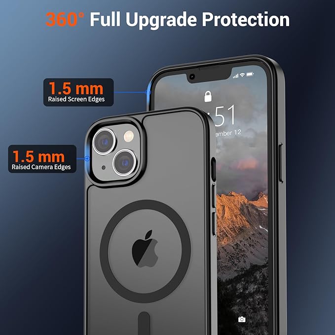 SUPFINE Magnetic for iPhone 14 Case & iPhone 13 Case (Compatible with MagSafe)(Military Grade Drop Protection) Translucent Matte Shockproof Phone Cover,Black