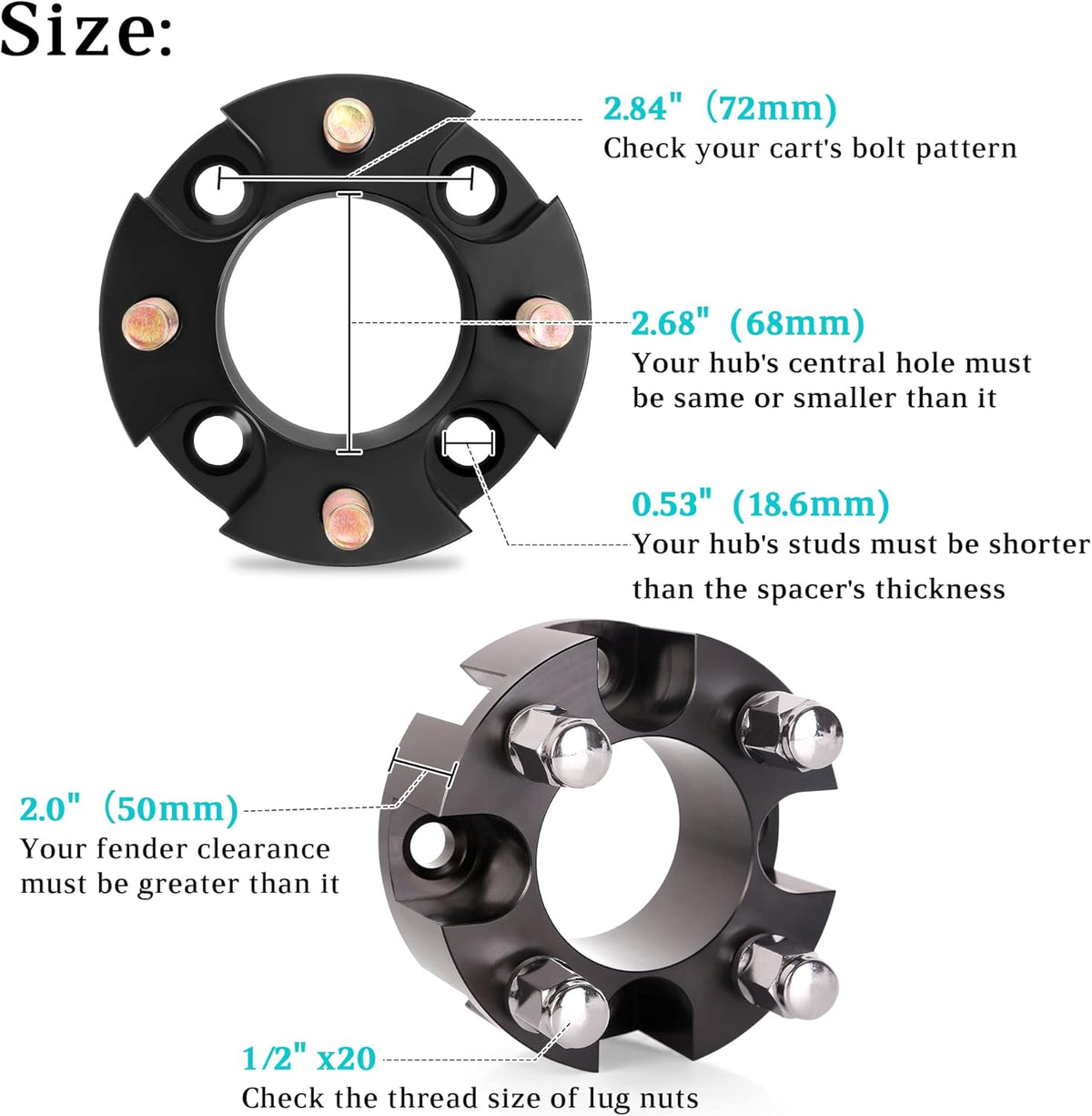 10L0L Golf Cart Wheel Spacers Adapters 2 Inch for EZGO Club Car 4 Lug (4x4 Bolt Pattern, 68mm Hub Bore, 1/2-20 Studs) - 4 Pack