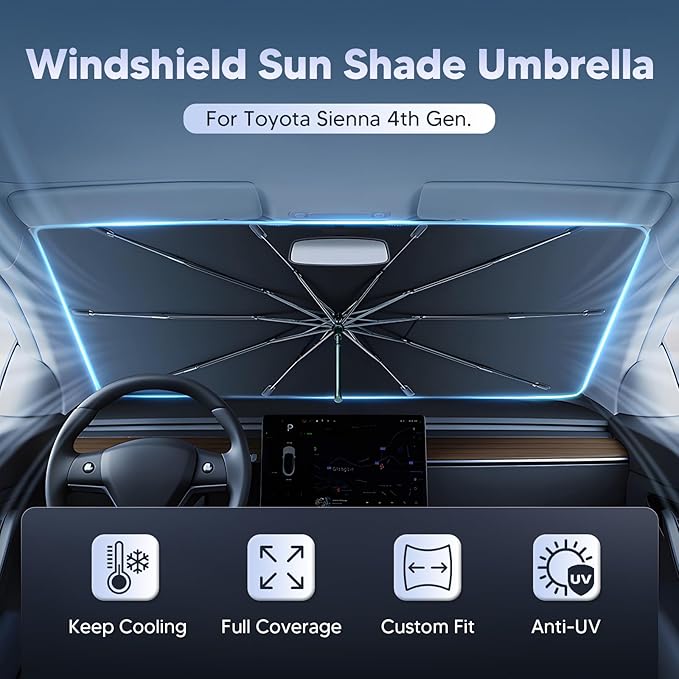 Autorder Windshield Sun Shade Umbrella for 2021-2026 Toyota Sienna Accessories,Upgraded Ice Crystal Material,Easy Setup Umbrella Sunshade for Car Windshield,100% Sun Blocking