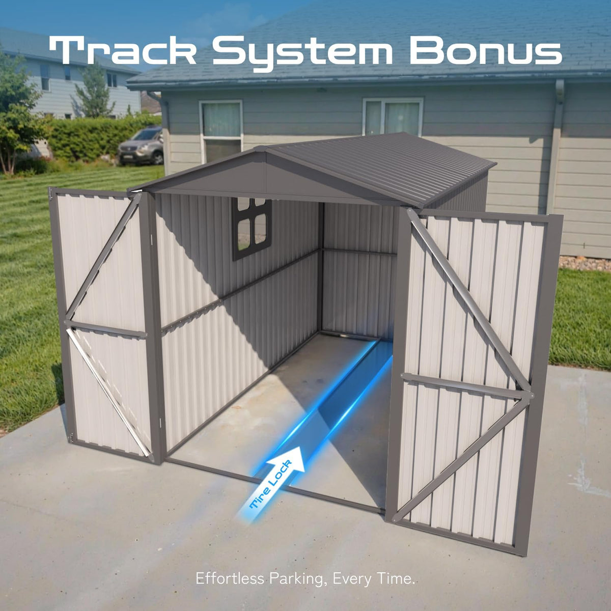 5’ x 10’ Motorcycle Storage Sheds, Metal Shelter & Garage with Windows and Lockable Door Handle, Heavy Duty Vehicle Shed for All Weather, Track System Included, Anthracite