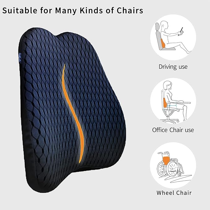 Memory Foam car Lumbar Support Pillow - Memory Foam Back Cushion - Used for car Seats, Office Chairs, recliners, Sofas, etc. (Black)