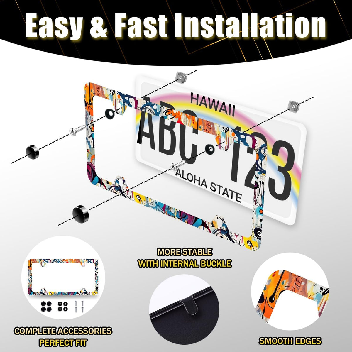 Abstract Graffiti Pattern License Plate Frame Colorful License Plate Stainless Steel Car Accessory Funny License Plate Auto Parts Decoration Men Women Size 12.2" x 6.2" with Screws