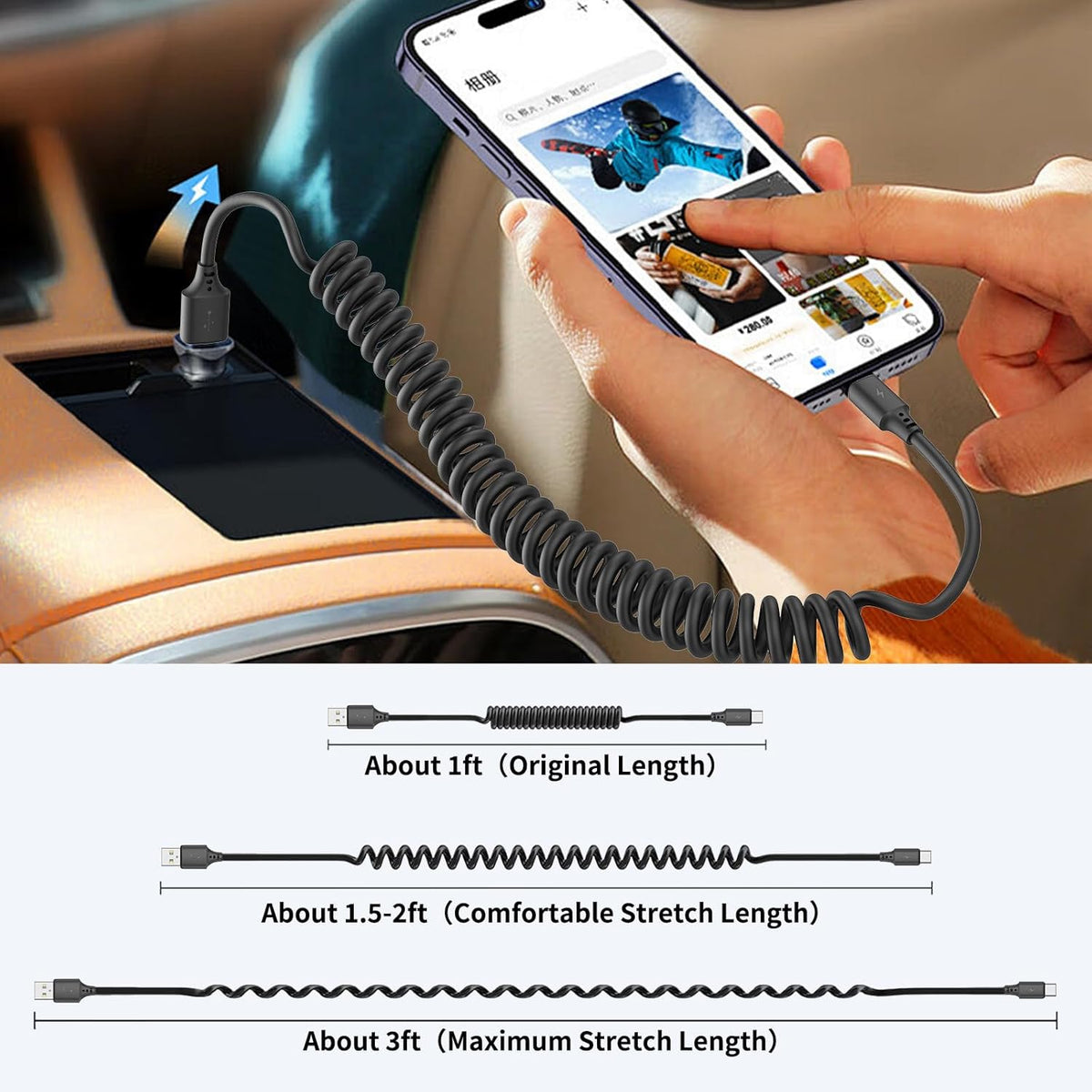 Coiled USB C Cable for Car 2Pack 3ft, USB to USBC Coiled Cord for iPhone 16 15 Pro Max, 3A USB Type C Retractable Cable Fast Charging with Galaxy S23 S22 S21 S20, Note 20 10 A10e A20 A50, Moto G LG