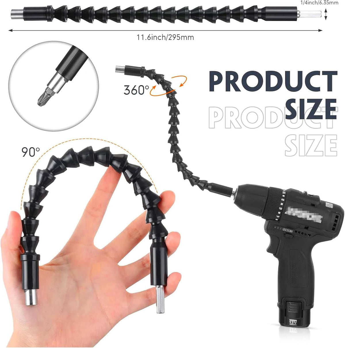 17pcs Flexible Drill Bit Extension, Include 3pcs Impact Socket Adapter 2pcs Hex Shank 105° Right Angle Drill Attachment 10 Short Screwdriver Bits Bendable Drill Bit Extension and 90° Angled Bits