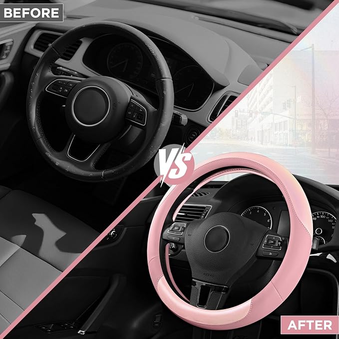 Road Comforts Steering Wheel Cover – Breathable Leather Steering Wheel Cover, Anti-Slip Grip, Universal Fit 14.5” to 15”, Heat & Cold Resistant for Cars, SUVs, and Trucks – Shining Pink & Pink