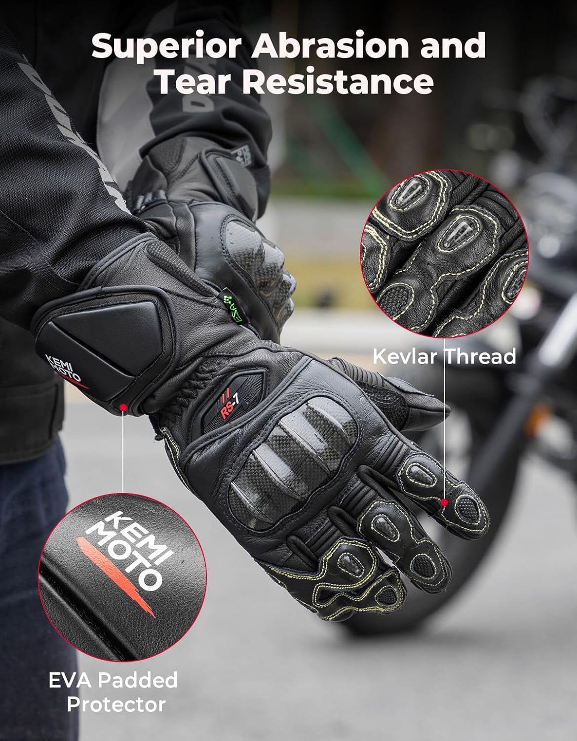 KEMIMOTO Leather Motorcycle Gloves for Men and Women, Riding Racing Gloves with ESA Cushioning Kevlar Carbon Fiber Knuckle Protection for Dirt Bike Motorbike Outdoor Sports
