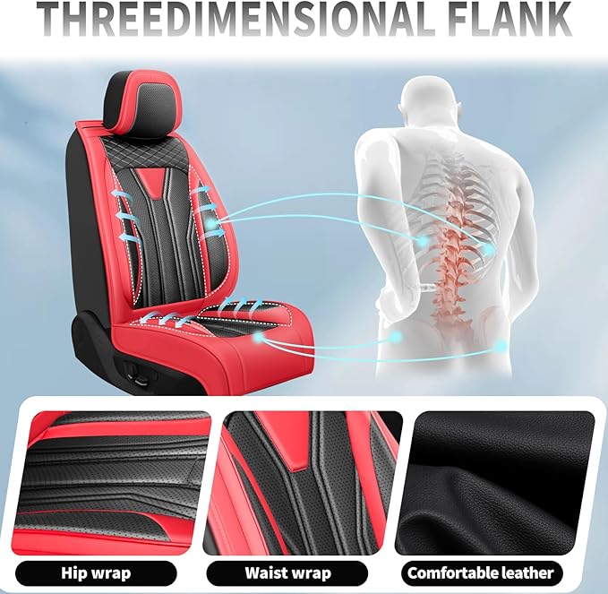 Fit Kicks Car Seat Covers， Compatible with Nissan Kicks 2018-2026 -Premium Leather, Waterproof Breathable All-Weather Seat Cushion Protector Airbag Compatible（2 Seats Front Pair，Red & Black
