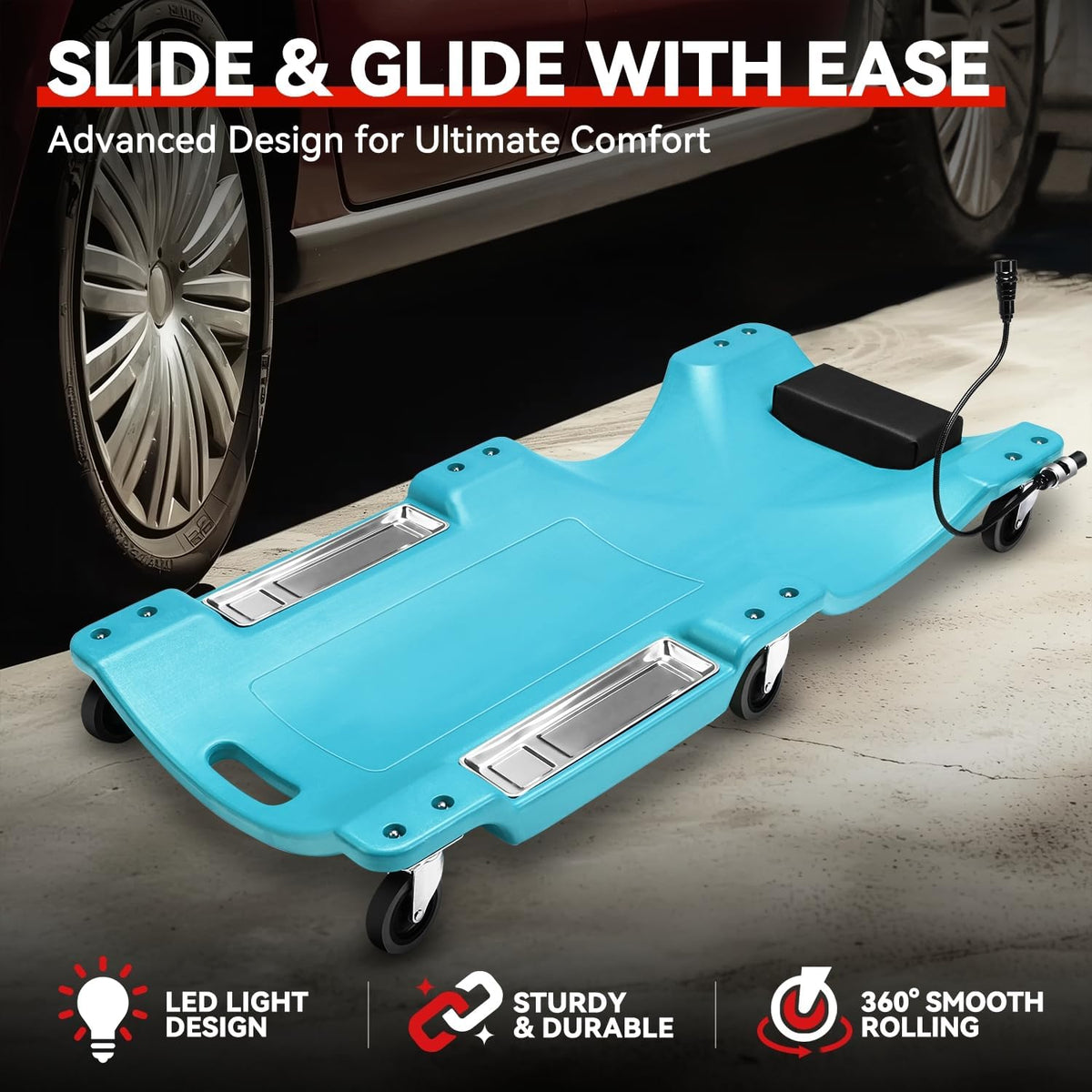 Auto Dynasty 40 Inches Mechanic Creeper, Automotive Garage Repair Low Profile Under Car Rolling Creeper with LED Light and Padded Headrest, Plastic, Sky Blue
