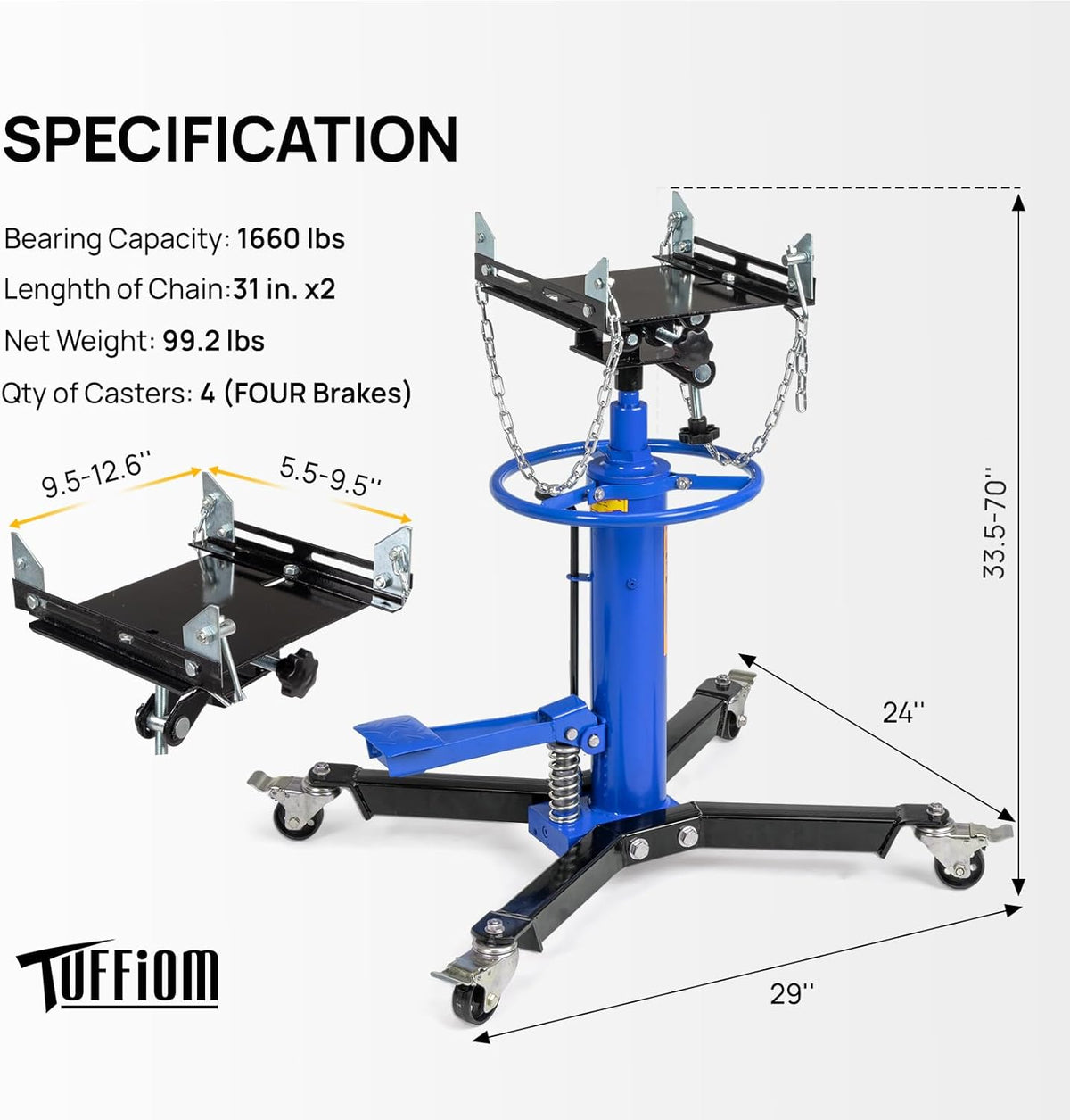 TUFFIOM Transmission Jack, 1660 lbs 3/4-Ton Hydraulic 2-Stage High Lift Vertical Telescoping Floor Jack Stand, 34" to 68" Lifting Range, w/Pedal, 360° Swivel Wheels, Garage/Shop Lift Hoist, Blue