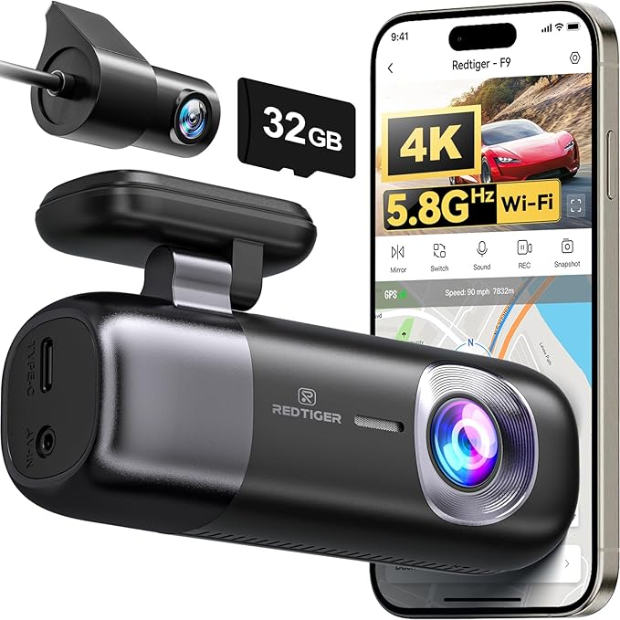 REDTIGER F9 Dash Cam 4K Front and Rear 1080P, WiFi GPS Car Camera with 32GB Card, Dual Dash Camera for Cars, Loop Recording, Night Vision, Parking Mode, Smart App Control, Support 256GB Max