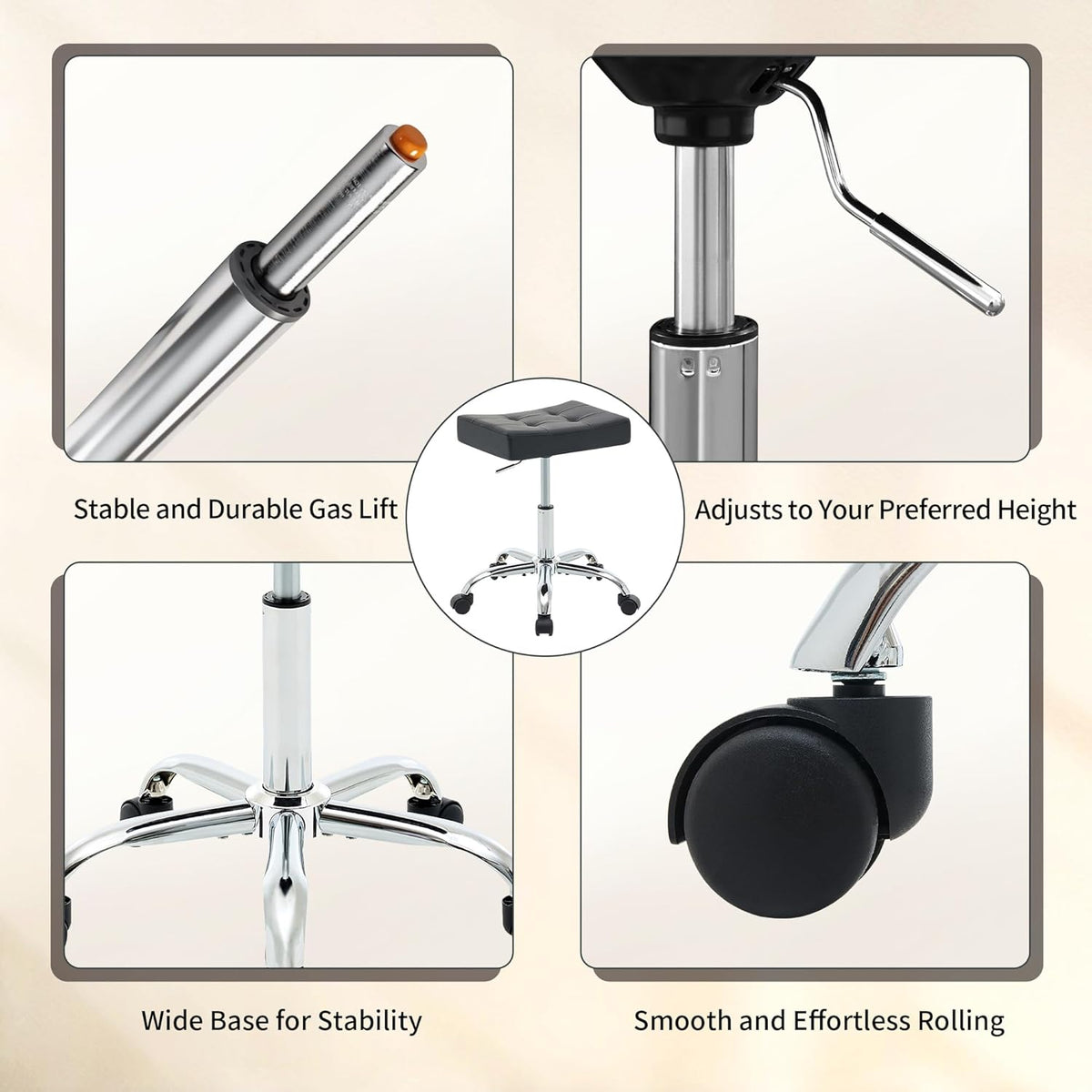 Ergonomic Rolling Shop Stool (Adjustable Height 17-21 inch) Salon Stool for Hair Stylist (Black)