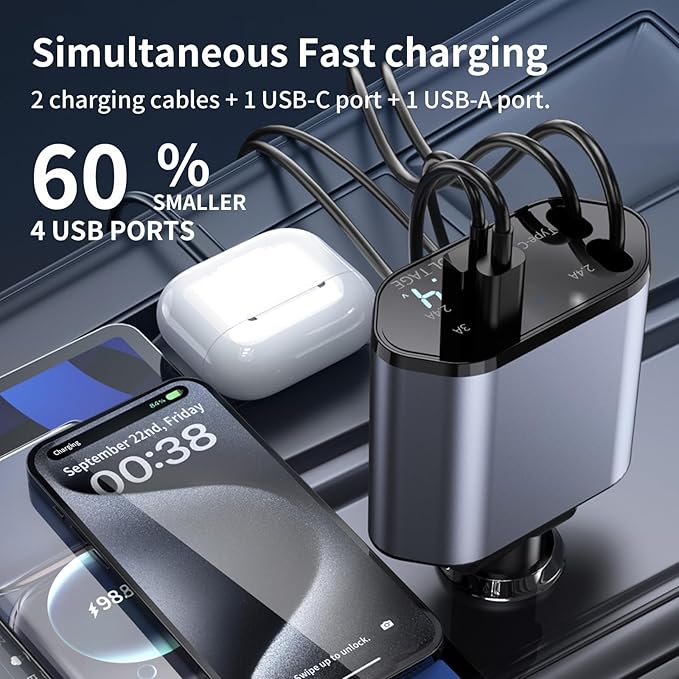 YAOKEEP 120W Fast Charging Retractable Car Charger 4 in 1, 180°Rotation Car Phone Charger with 31.5" Cables, USB Type-C and Lightning, Car Charger Adapter for iPhone 17/16/15/14 /13/12,Android,Samsung