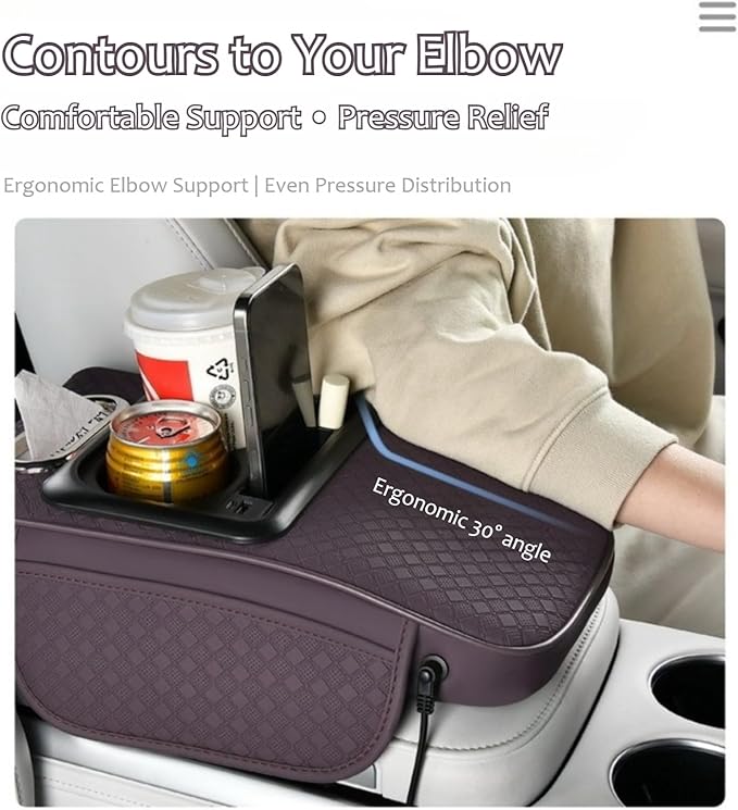 2026 Upgraded Car Center Console Cushion with 30w USB& Type-C Charging Ports, Leather Car Armrest Pad Cover, Interior Accessories for Most Vehicles (Classic Flat Version, Black)