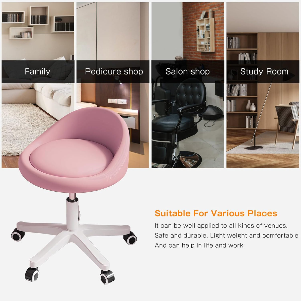 Rolling Stool Set of 2 Rolling Hydraulic Salon Stool with Low Backrest - Adjustable Swivel Chair for SPA, Shop, Salon, Massage, or Medical Office Pink