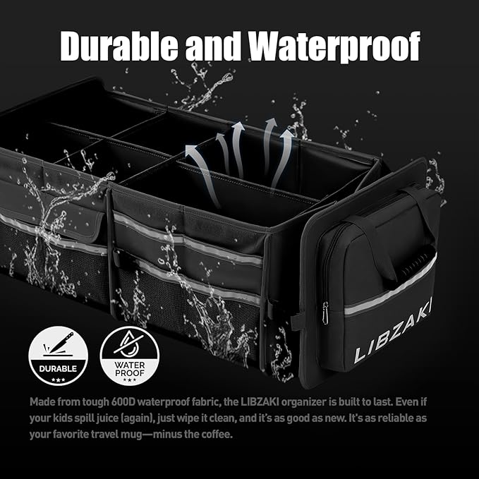 LIBZAKI Oversize 4 in 1 Car Trunk Storage Organizer, Multi Compartment Collapsible Trunk Storage Box with Cooler Bag for Car Truck SUV-Black