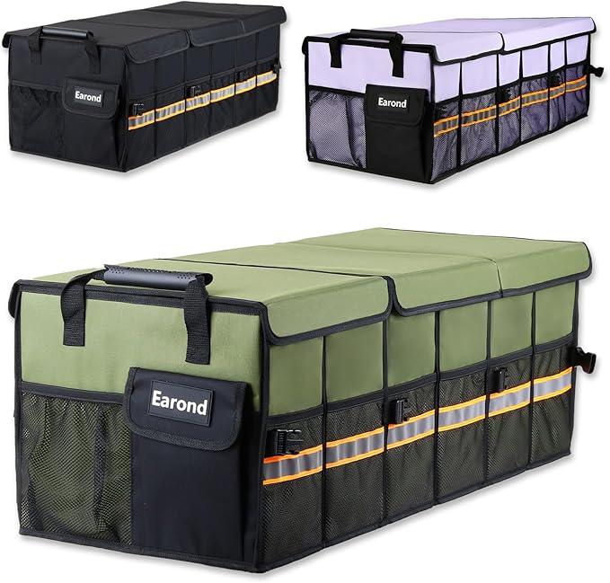 Car Trunk Organizer with Lid,Collapsible Car Storage Organizer with Multi Compartments and Securing Straps for SUV,Sedan,Jeep-Green