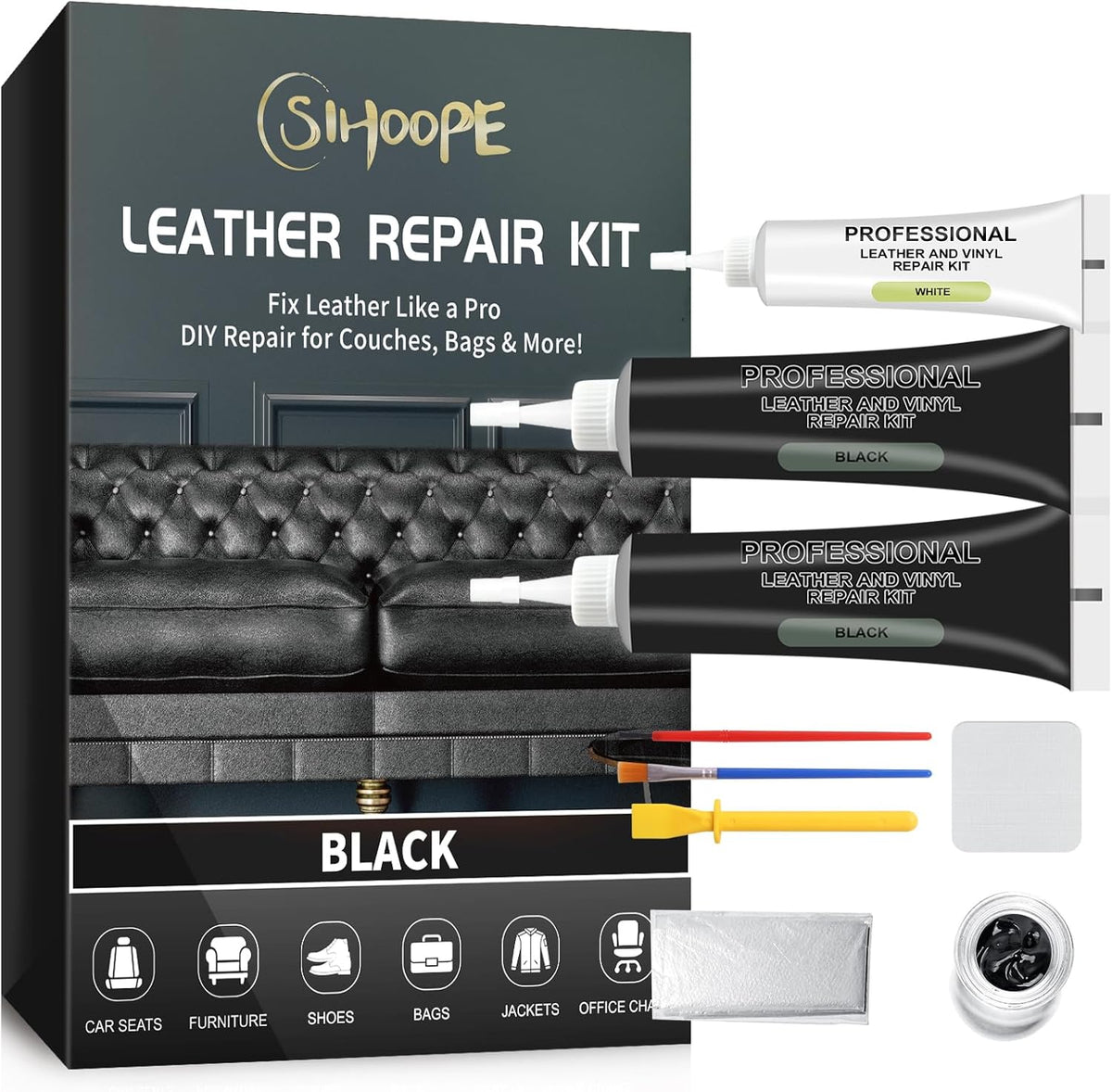 Leather Repair Kit,Car Seats, Sofa,Jacket & Purse - Repairs Burn Holes,Scratches,Tears - Restores Faux,Vinyl,Artificial and Real Leather (Black)
