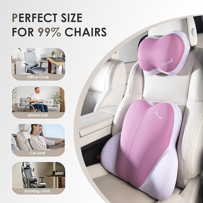 FLORICH Lumbar Support with Car headrest Back Pillow for Chairs Headrest Pillow for Car Ergonomic Ultrathick Memory Foam Back Pillow for Office Chair (Purple)
