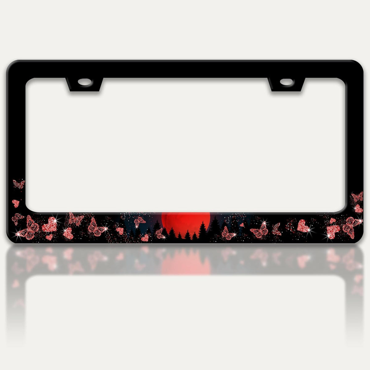 Red Moon Butterfly License Plate Frame Night Forest License Plate Holders Funny Stainless Steel Auto Accessory Bracket 2 Hole with Screws Universal Us Car License Plate Frames 6x12 Inch for Women Men