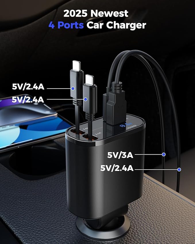 SUPERONE 4-in-1 Car Charger with Retractable Apple Cords, USB C Charger Car Adapter Compatible with iPhone 17/16/15/14/13/12/11 Pro Max Samsung Android Phones