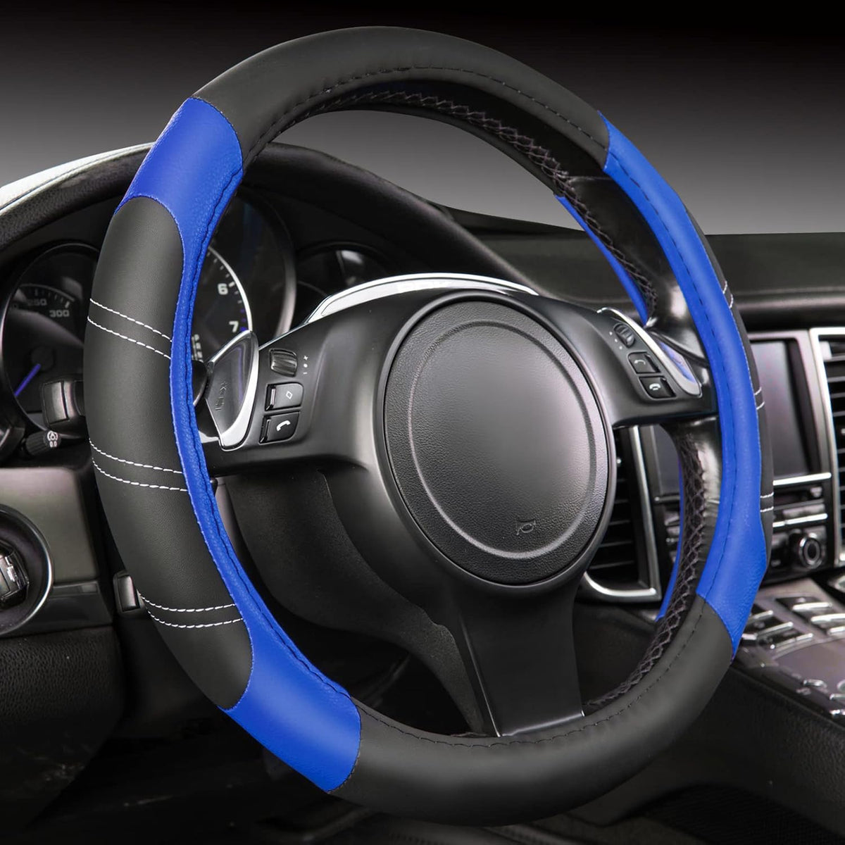 CAR PASS Line Rider Microfiber 15.5-16 Inch Leather Sporty Steering Wheel Cover Universal Fits for Truck SUV Cars Pick up, Anti-Slip Safety Comfortable Design (Black and Blue)