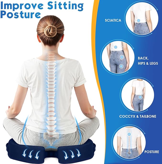 TushGuard Seat Cushion for Office Chair Memory Foam Non-Slip Desk Seat Cushion Back, Coccyx, Sciatica, Tailbone Pain Relief Butt Pillow for Office Chair, Car, Wheelchair, Blue