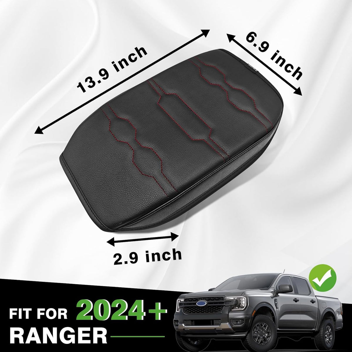 Muslogy Center Console Armrest Cover Compatible with Ford Ranger 2024 2025 Accessories Comfort Armrest Pad Cushion Box Lid Cover Vegan Leather Protector Regular Thick(Black/Orange Stitching)