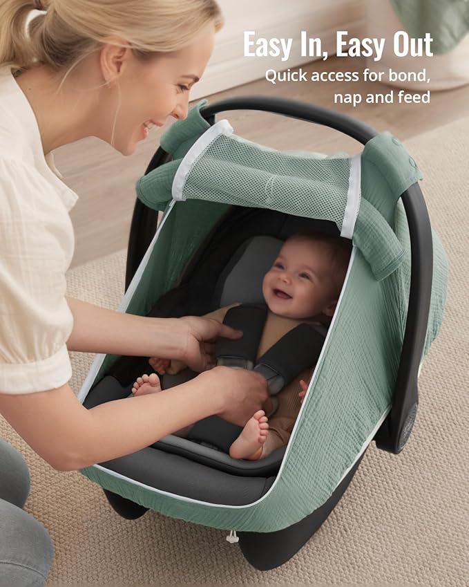 Blissful Diary Baby Car Seat Cover, Extra Large Mesh Window, Breathable Muslin Cotton, Infant Windproof Canopy, Must-Have Baby Gift - Roman Green