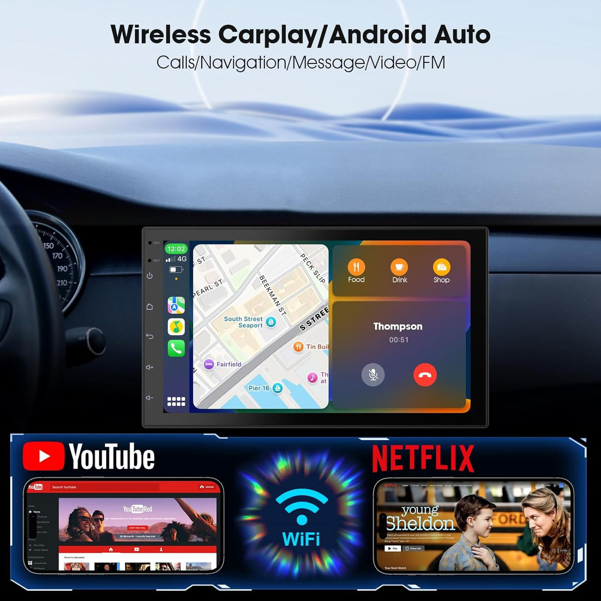 Wireless CarPlay Screen for Car & Android Auto Head Unit - Touchscreen 7 Inch Double Din Car Stereo with Backup Camera for All Cars(2+64GB)