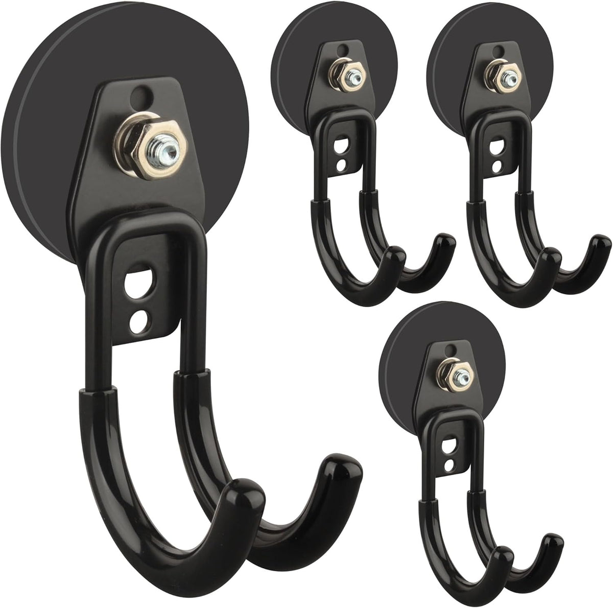 ULIBERMAGNET Garage Magnetic Hooks, 4 Pack Black Heavy Duty Large J Hooks with Magnet, Black Strong Anti-Slip Coating Magnet Hooks for Garden Tools, Ropes,Drill,Metal Cabinet,Pegboard