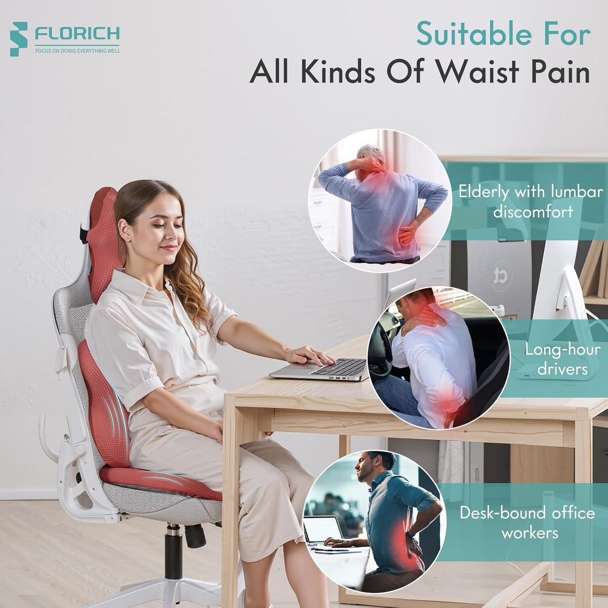 FLORICH Car Seat Cushion and Lumbar Support Pillow for Office Chair Car, Neck Headrest Pillow, Ergonomic Memory Foam, Pressure-Relieving Back Support for Car, Office Chair & Wheelchair – Red