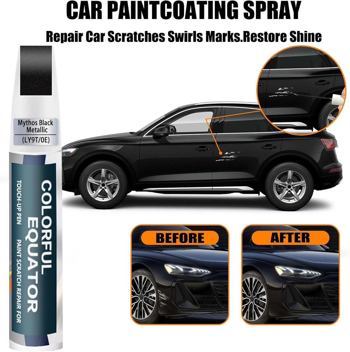 Mythos Black Metallic(LY9T/0E) Touch Up Paint Compatible with Audi, Car Paint Pen Scratch Repair Two-In-One Touch Up Paint, Premium Car Scratch Remover for Deep Scratches