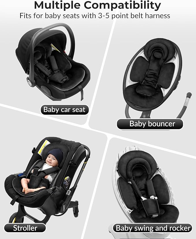 Infant Car Seat Insert with Removable Cushion for Preemie to Toddler, Reversible Newborn Carseat Insert for Baby Head Body Support, Fits for Stroller, Baby Swing, Bouncer (Pure Black)
